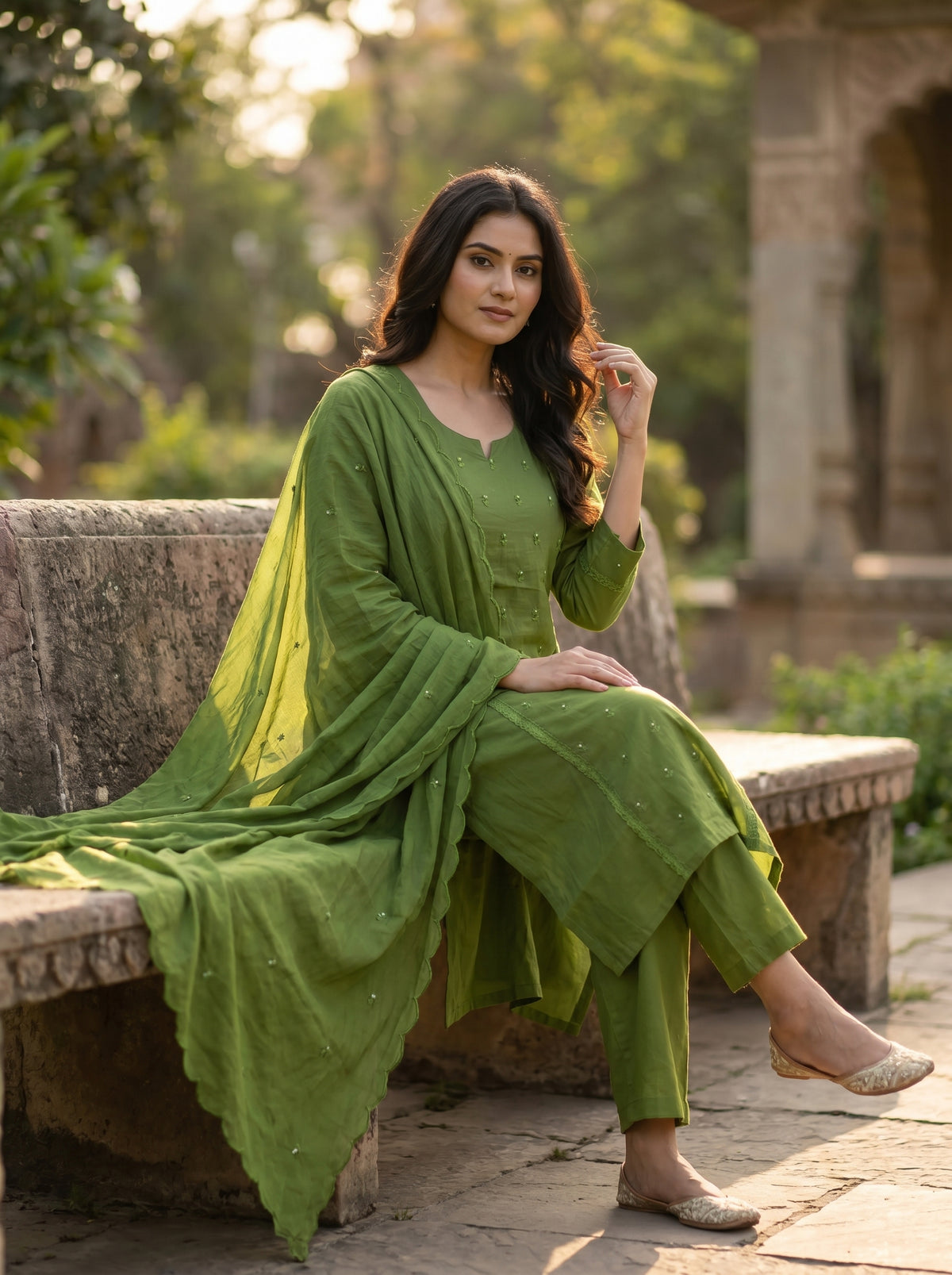 Amthi Mehndi Green Pure Cotton Suit Set | Floral Butta Kurta with Lace Work
