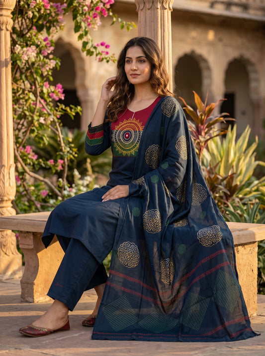 Amthi Navy Blue Pure Cotton Mandala Embroidered Suit Set | 3-Piece Kurta Pant Dupatta