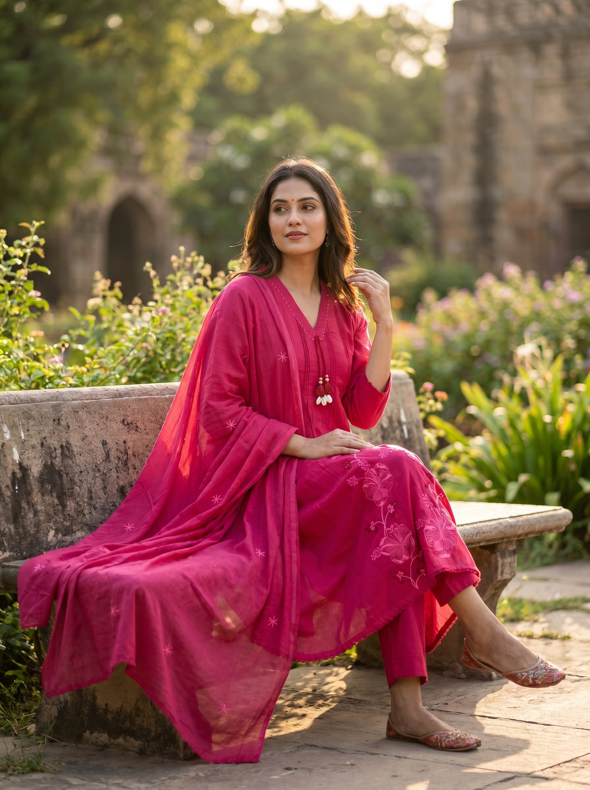 Amthi Rani Pink Pure Cotton Anarkali Kurta Set — 3 Piece Suit Set for Women