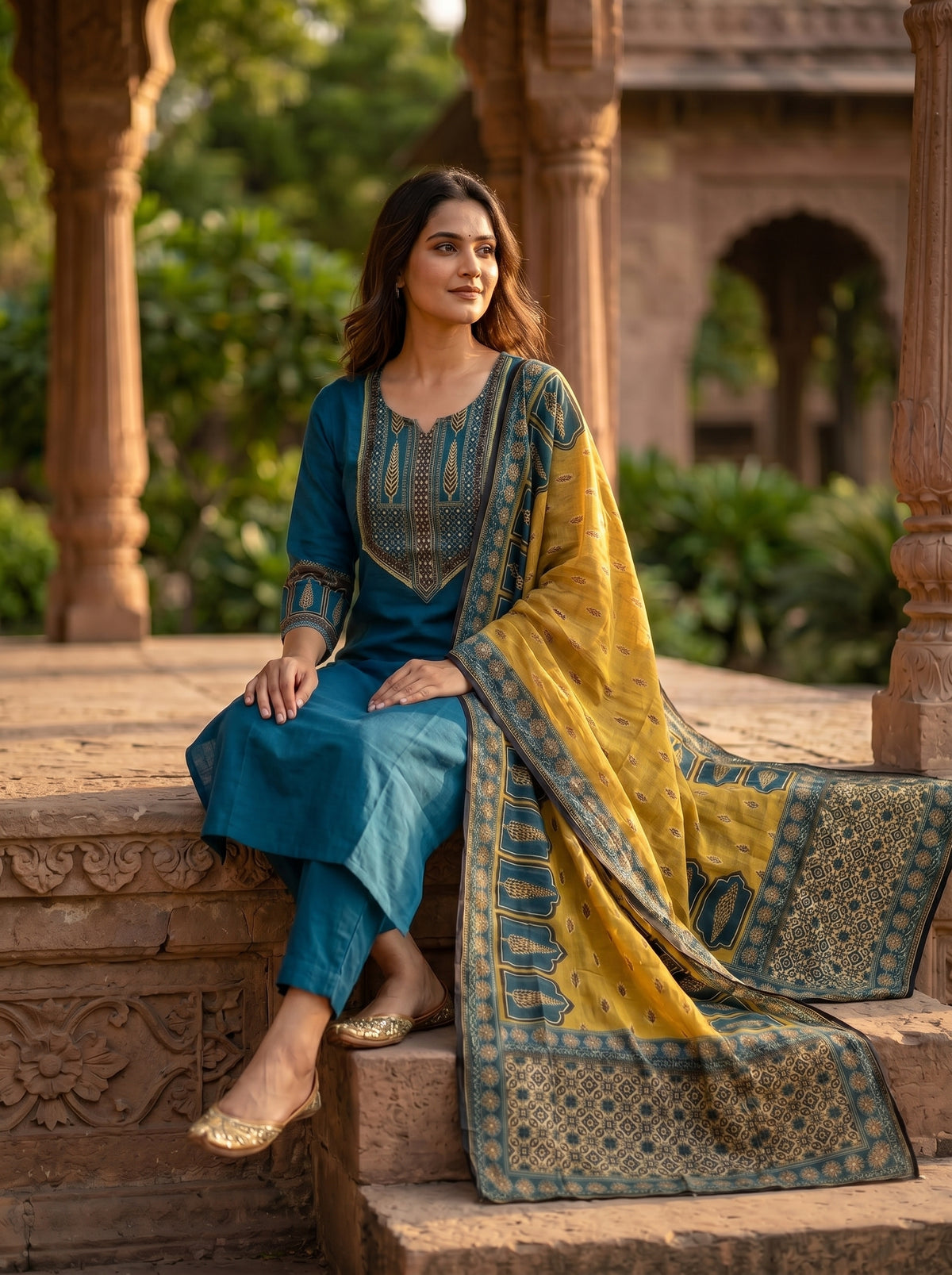 Amthi Teal Pure Linen Embroidered Suit Set | Sequin & Block Print Yoke
