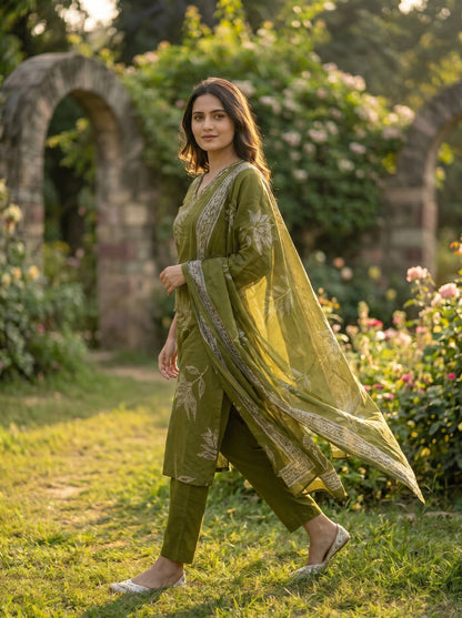 Amthi Women's Olive Green  Botanical Printed Pure Cotton Straight Kurta with Trousers Set