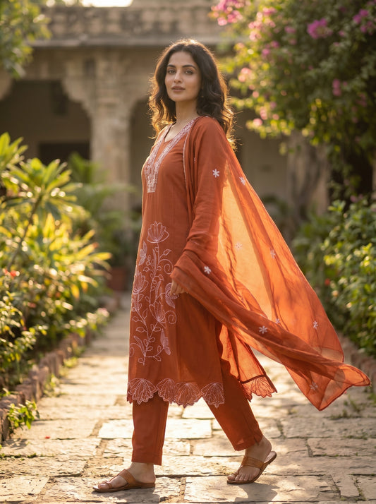 Amthi Women Rust Floral Embroidered Pure Cotton Kurta with Trousers & Dupatta