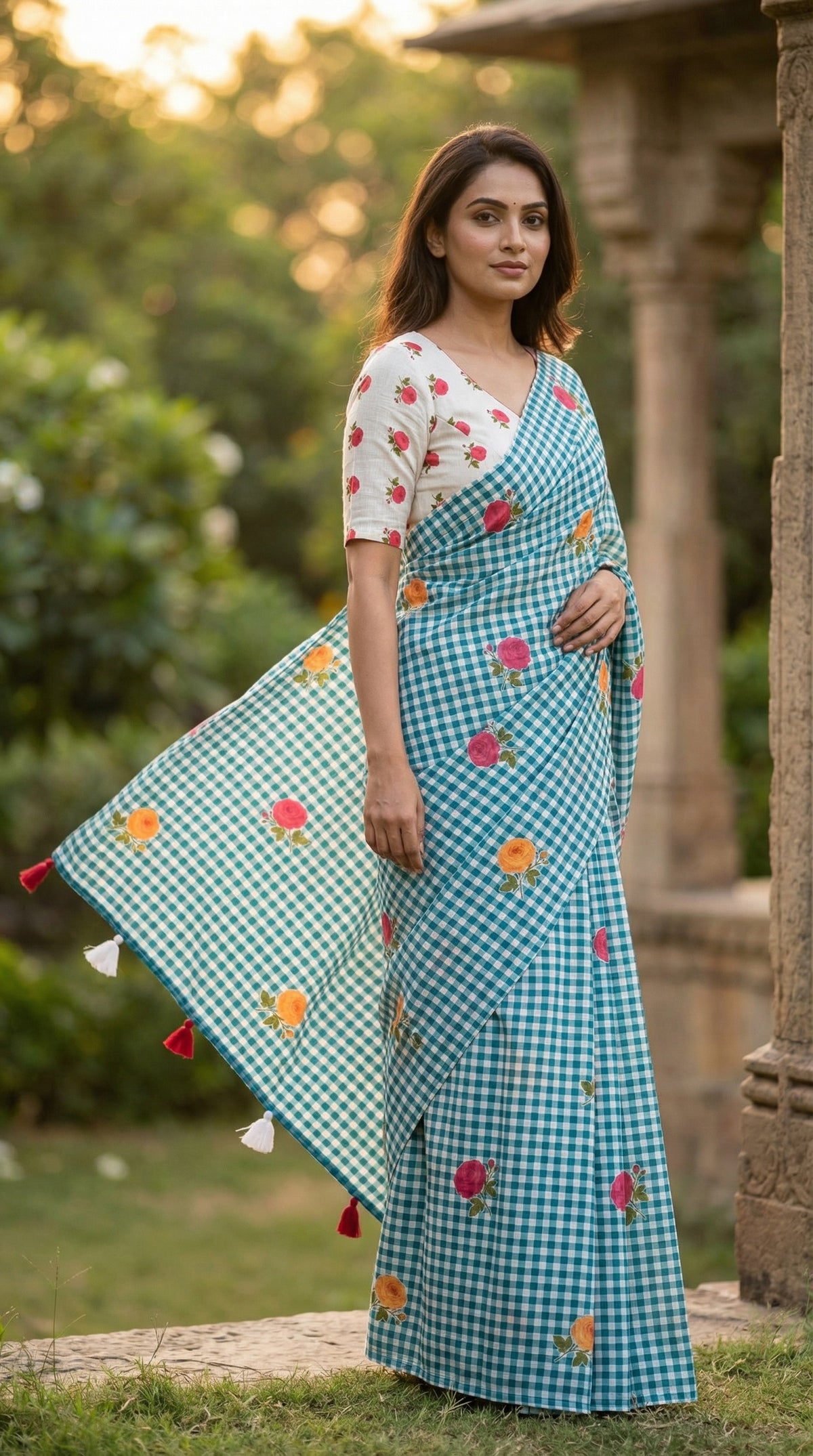 Amthi Women Floral Motif Digital Print Linen Saree with Tassels