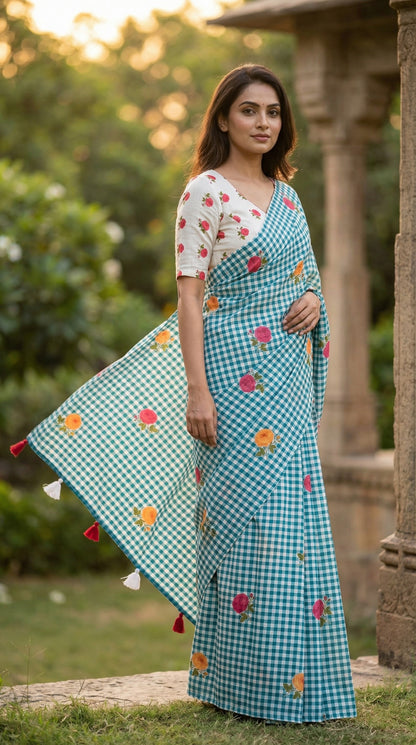 Amthi Women Floral Motif Digital Print Linen Saree with Tassels