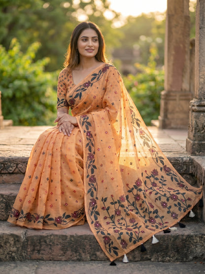 Amthi Light Brown Pure Linen Saree with Floral Vine Block Print & Mirror Work | Tassel Pallu