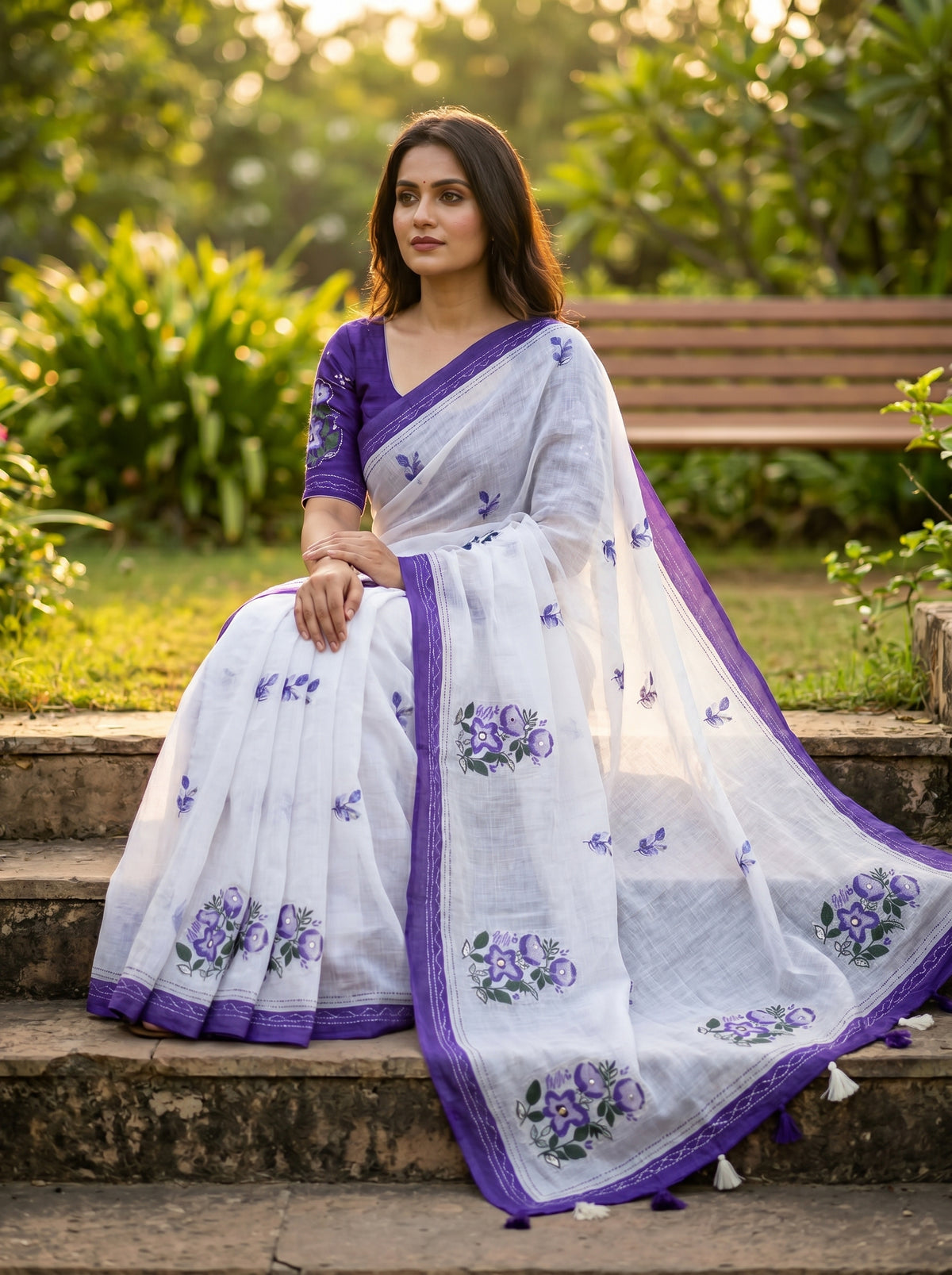 Amthi White Linen Saree with Purple Floral Print | Aari Mirror Work