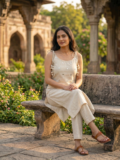 Amthi Off-White Linen Kurta Set for Women | Mirror Work & Cowrie Shell Dori Co-ord Set