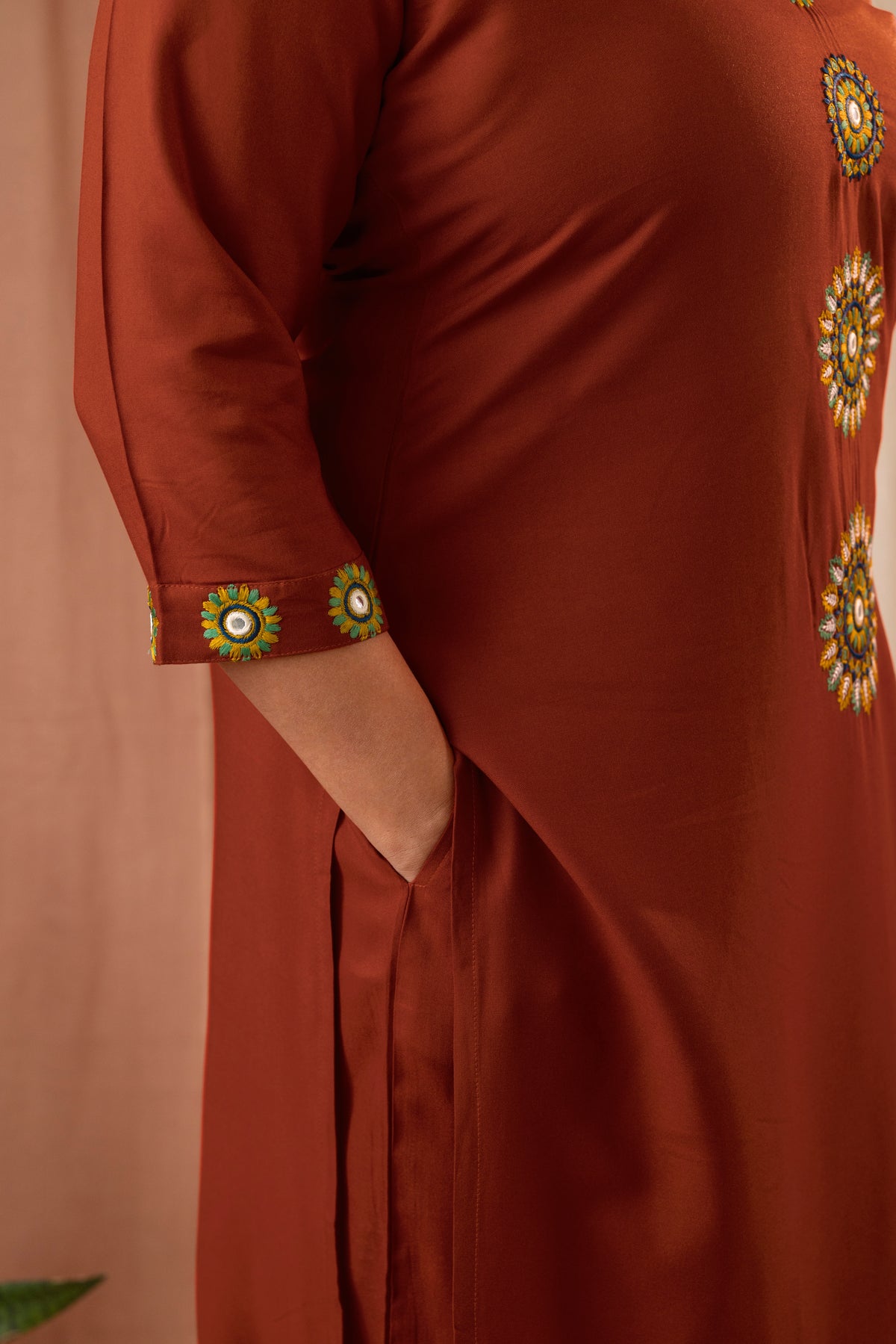 Amthi Women Rust Viscose Rayon Embroidered Straight Kurta Pant Set