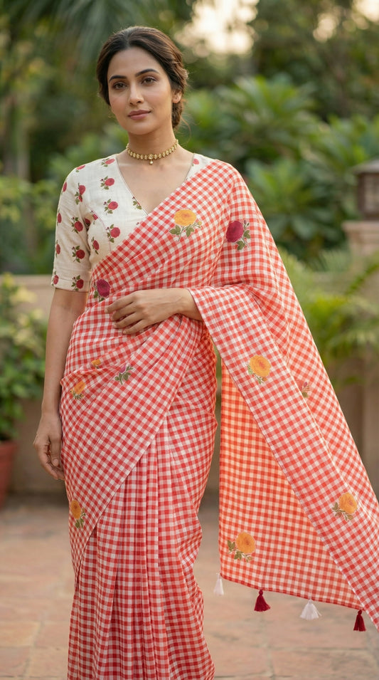 Amthi Women's Checked Linen Saree with Tassels and White Contrast Blouse