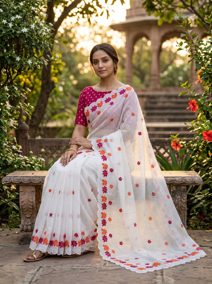 Amthi White Linen Saree with Lotus Floral , Gold Zari Aari Embroidery & Scallop Cut Border