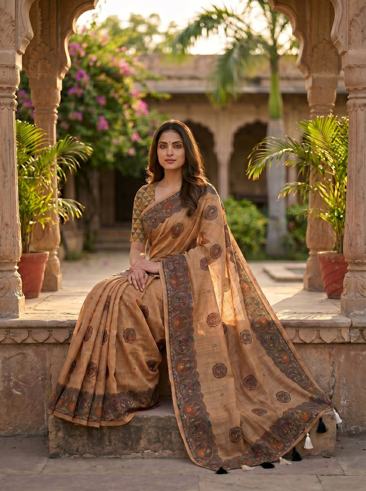 Light Brown Linen Saree with Kalamkari Circular Medallion Print & Mirror Work