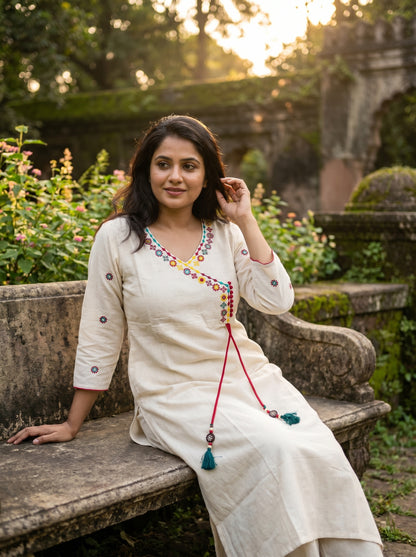 Amthi Off White Linen Kurti for Women | Angrakha Neck Kurta