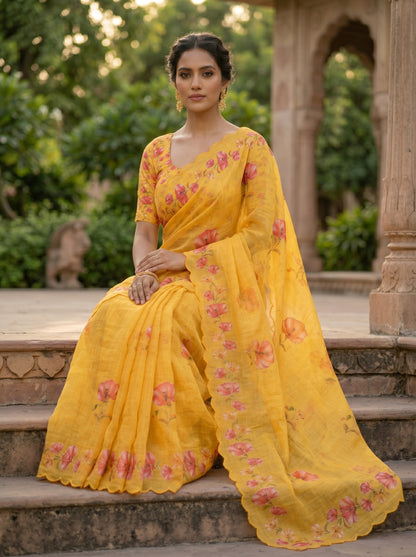Amthi Yellow Linen Saree with Pink Poppy Floral, Gold Zari Aari Embroidery & Scallop Cut Border