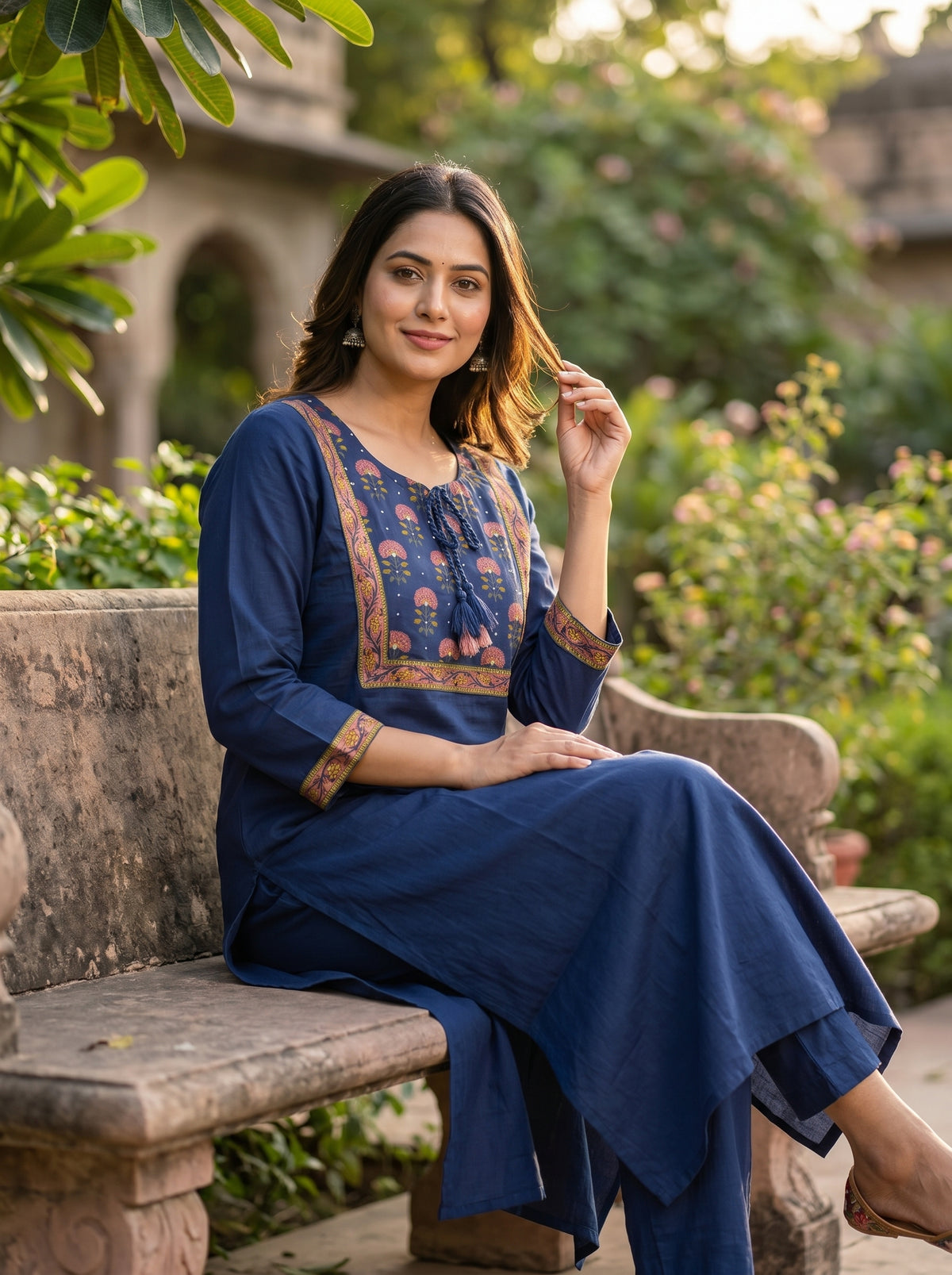 Amthi Navy Blue Cotton Straight Kurti for Women | Floral Printed Yoke | Tassel Tie Neck