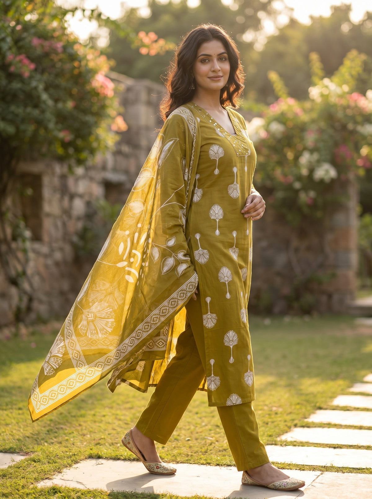 Amthi Women's Mustard Yellow Ethnic Motifs Printed Pure Cotton V-Neck Straight kurta set