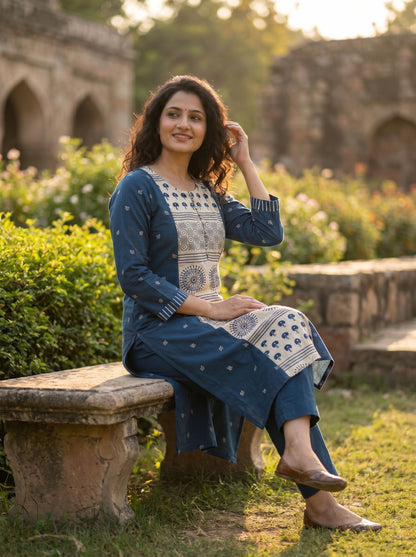 Amthi Teal Blue Straight Block Print Pure Linen Kurta for Women
