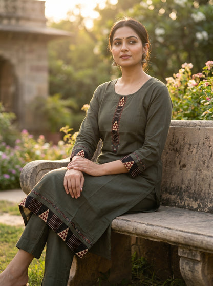 Amthi Sage Green Linen Embroidered Straight Kurta for Women | Daily Wear Kurti