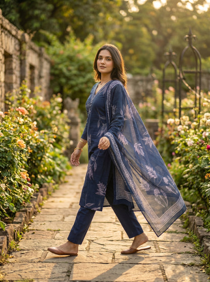 Amthi Women's Navy Blue & White Printed Pure Cotton Kurta with Trousers & Dupatta Set
