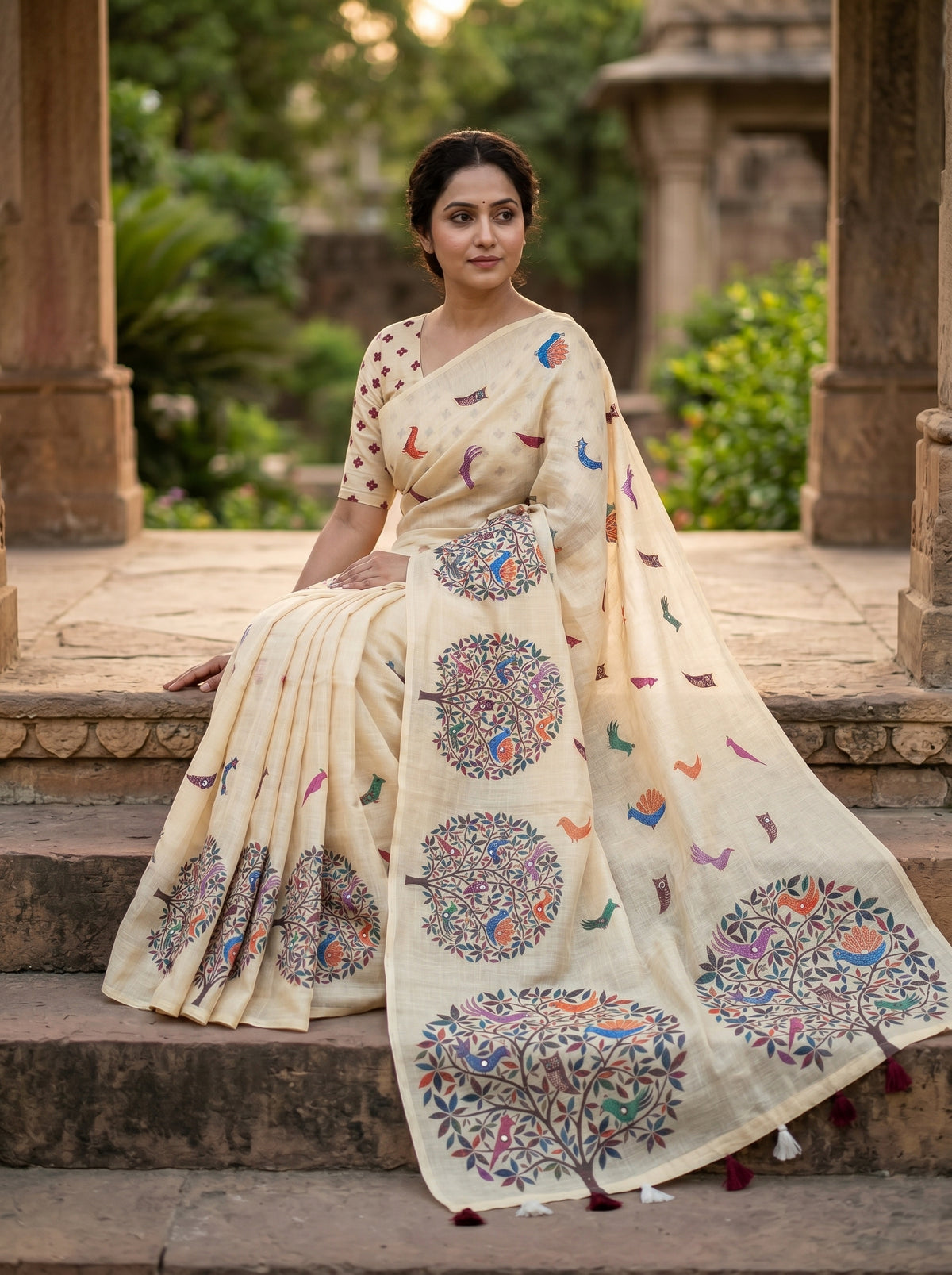 Amthi Cream Pure Linen Saree with Tree of Life & Colourful Bird Print | Tassel Pallu