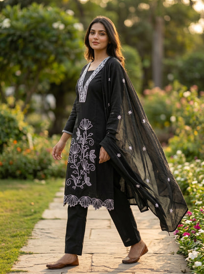 Amthi Women's Black Pure Cotton Embroidered Straight Kurta with Trousers and Dupatta Set