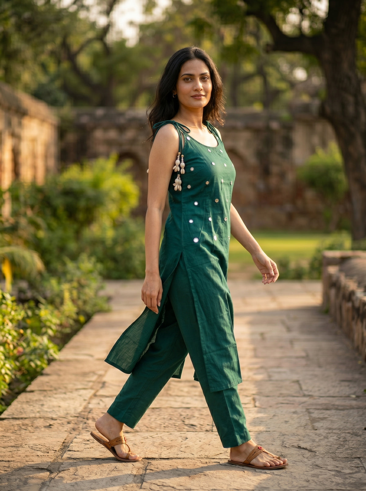 Amthi Bottle Green Linen Co-Ord Set for Women | Cowrie Shell Tassel Dori Kurta Set