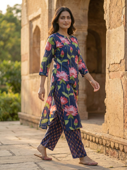Amthi Navy Blue Lotus Floral Cotton Kurta Set for Women | Lace & Sequin Detail