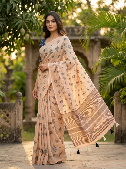 Amthi Peach Linen Saree with Warli Tribal Print, Mirror Work Border