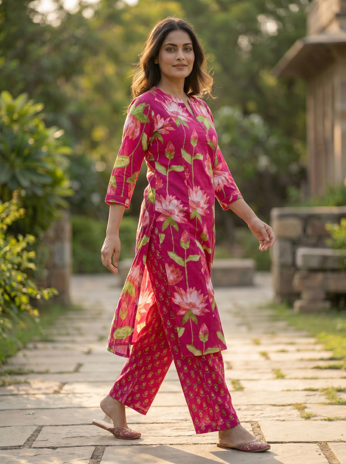 Amthi Pink Lotus Floral Print Pure Cotton Kurta Set | 2-Piece Women's Ethnic Wear