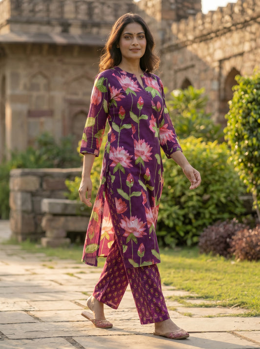Amthi Wine Floral Print Pure Cotton Kurta Set | 2-Piece Women's Ethnic Wear