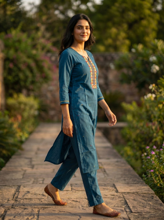 Amthi Teal Blue Pure Linen Embroidered Kurta Set for Women | Festive & Casual Wear
