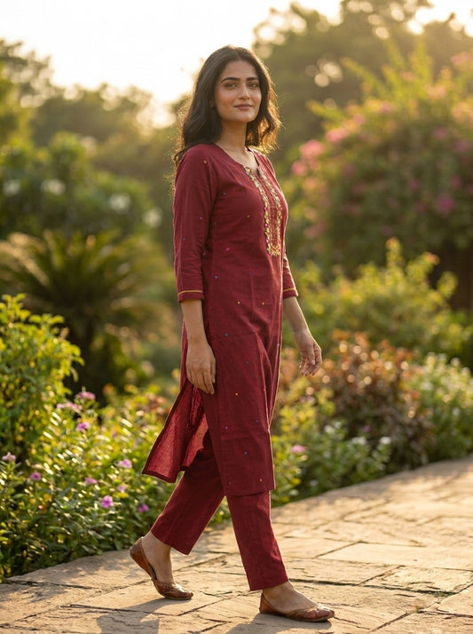 Amthi Maroon Pure Linen Embroidered Kurta Set | Mirror Work & Floral Thread Yoke