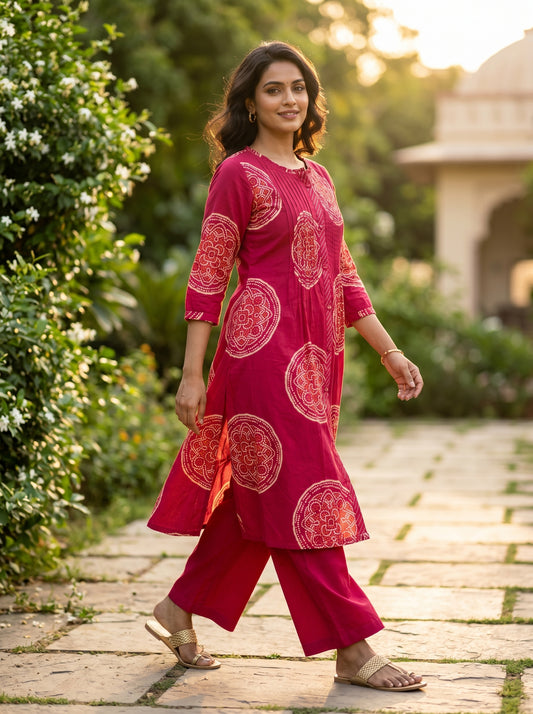 Amthi Women's Rani Pink Cotton Bandhani Print Kurta Pant Set