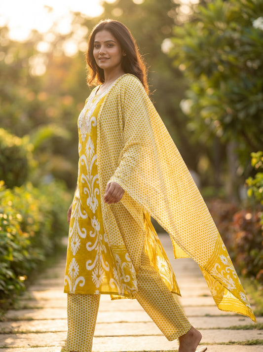 Amthi Yellow Ikat Print Cotton Suit Set for Women | 3 Piece Suit with Dupatta
