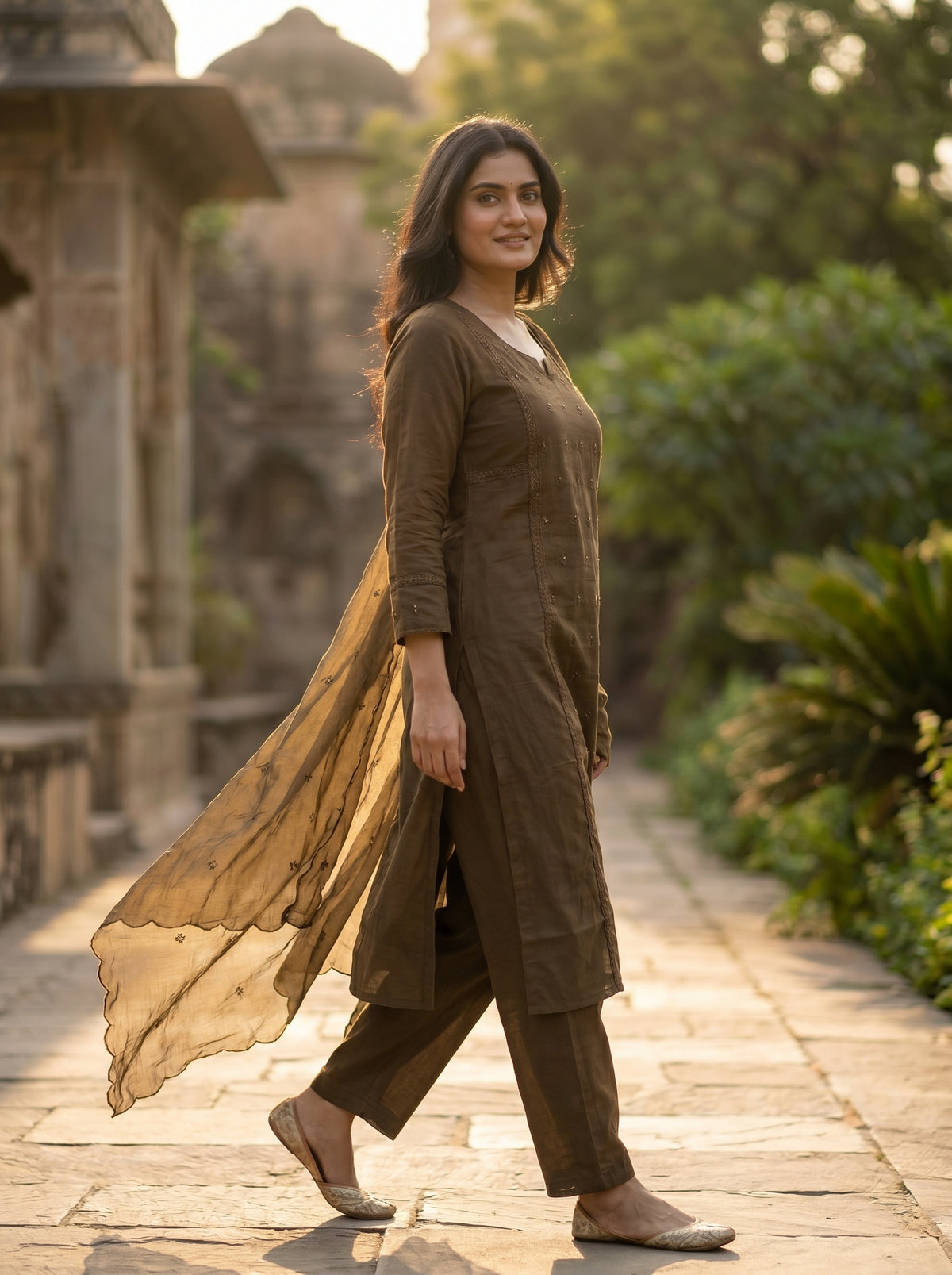 Amthi Women Brown Pure Cotton 3-Piece Set  Floral Butta Lace Work | Festive Ethnic Wear