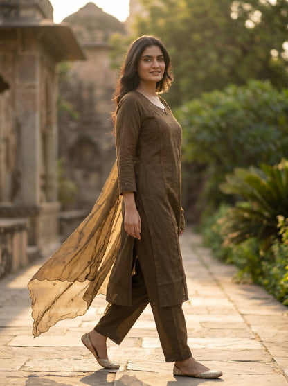 Amthi Women Brown Pure Cotton 3-Piece Set  Floral Butta Lace Work | Festive Ethnic Wear