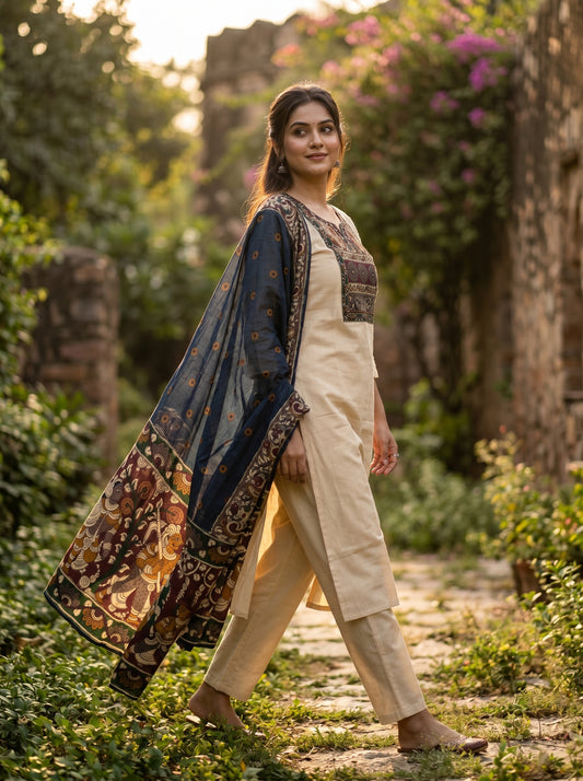 Amthi Off White Pure Linen Kalamkari Print 3-Piece Suit Set for Women