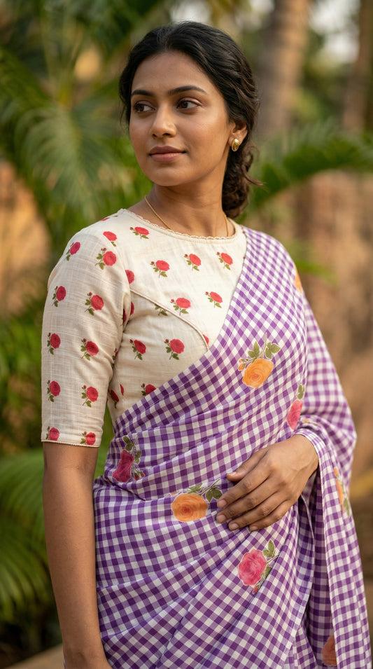 Amthi Purple Floral Checked Linen Saree with Contrast White Blouse