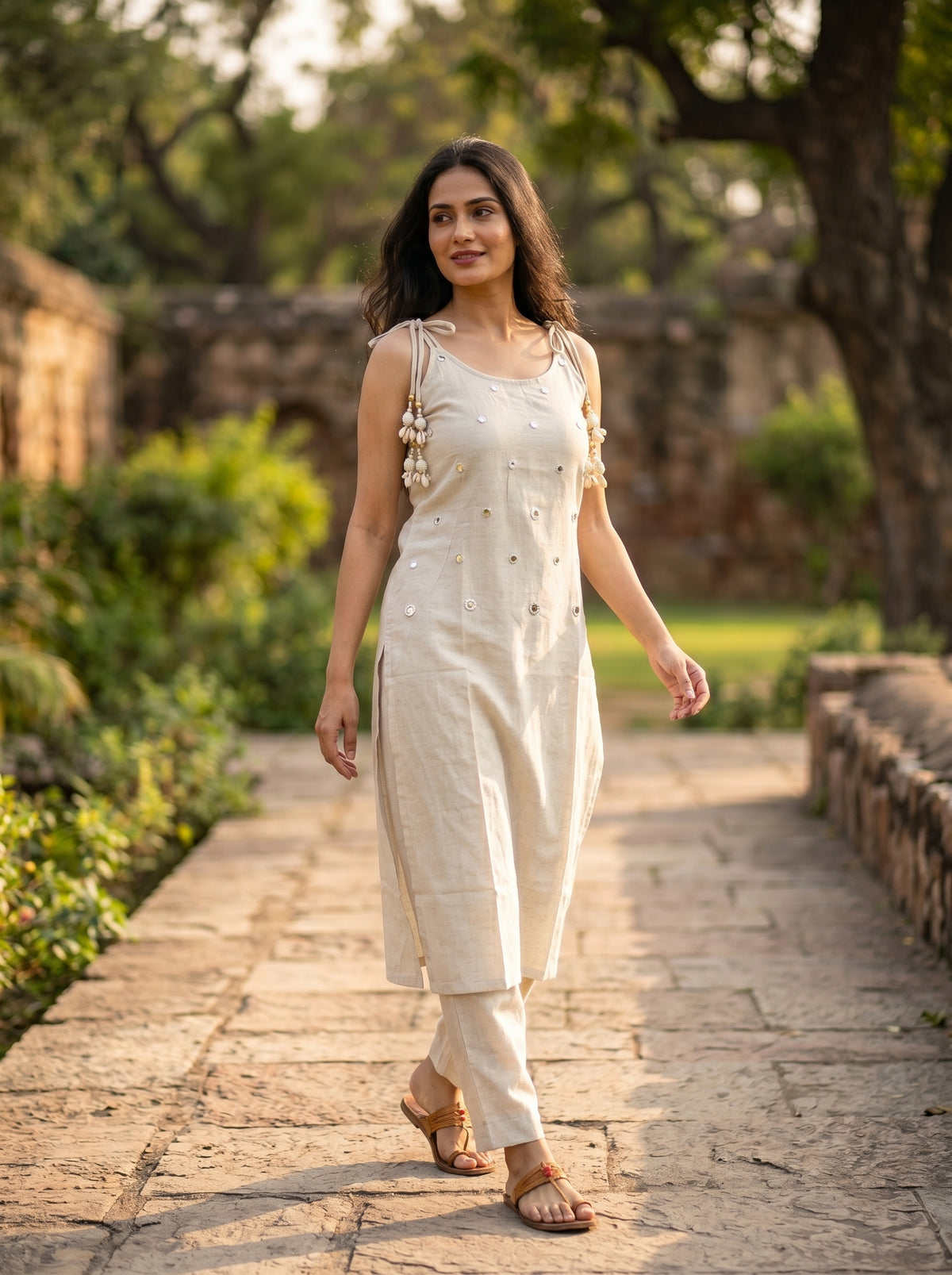 Amthi Off-White Linen Kurta Set for Women | Mirror Work & Cowrie Shell Dori Co-ord Set