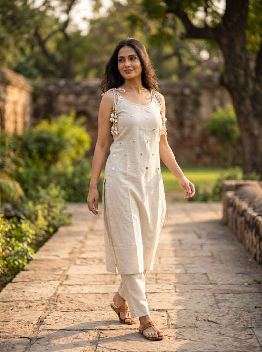 Amthi Off-White Linen Kurta Set for Women | Mirror Work & Cowrie Shell Dori Co-ord Set