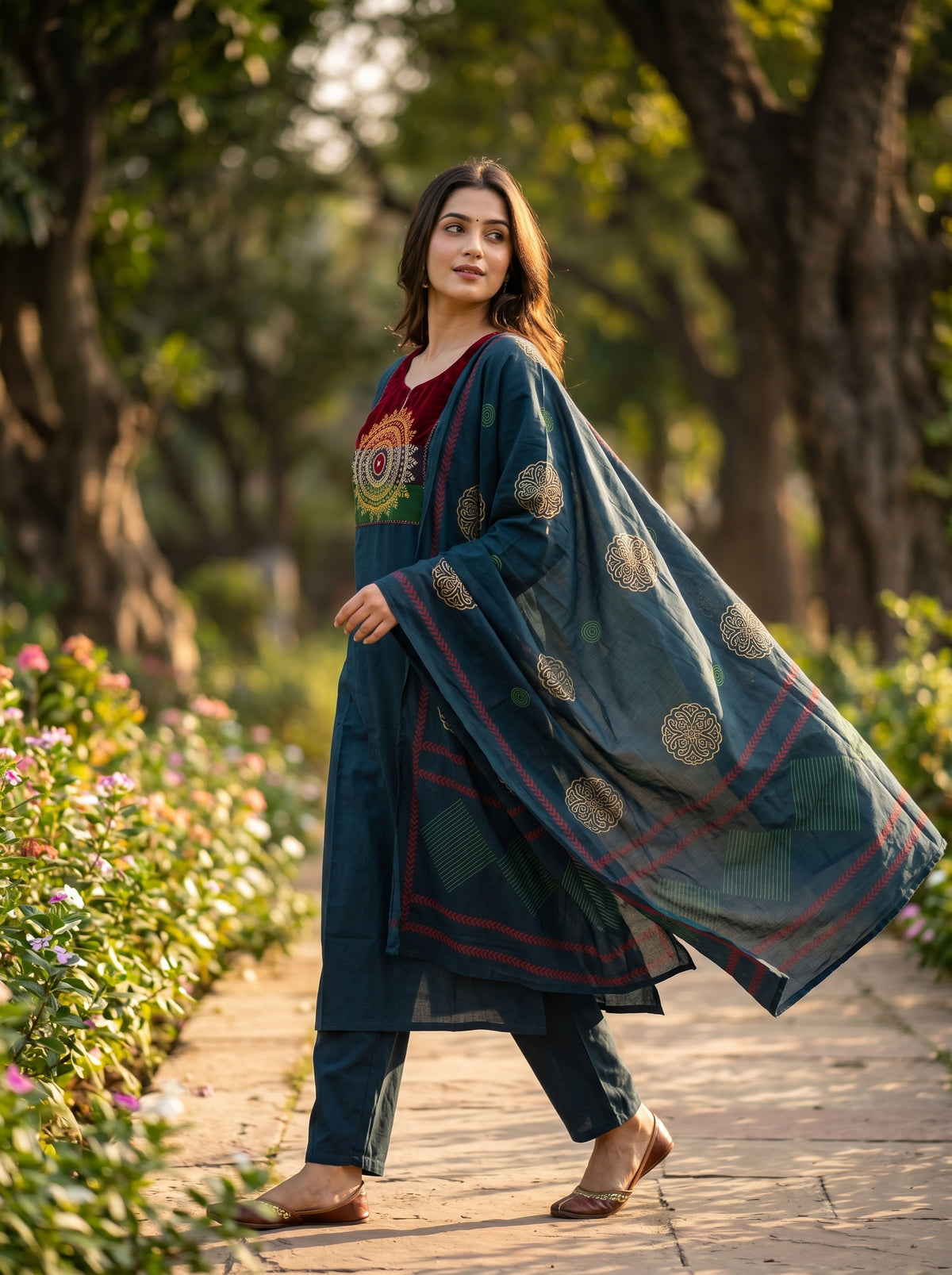 Amthi Navy Blue Pure Cotton Mandala Embroidered Suit Set | 3-Piece Kurta Pant Dupatta
