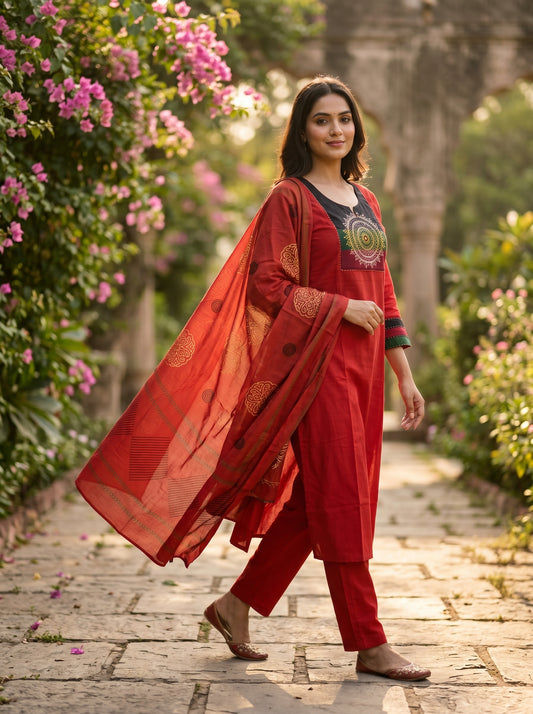 Amthi Rust Pure Cotton Embroidered Suit  | 3-Piece Kurta Pant Dupatta