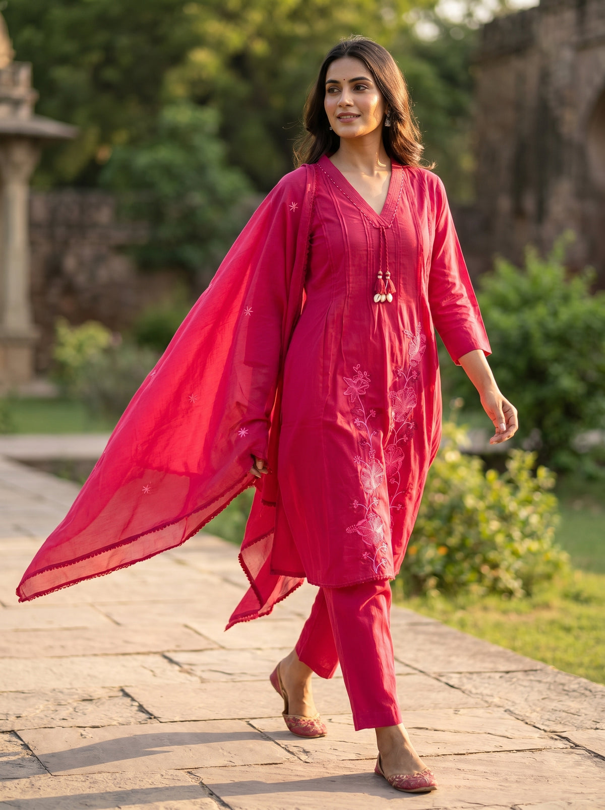 Amthi Rani Pink Pure Cotton Anarkali Kurta Set — 3 Piece Suit Set for Women