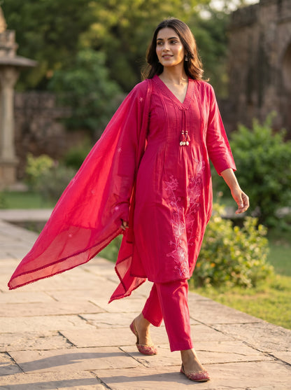 Amthi Rani Pink Pure Cotton Anarkali Kurta Set — 3 Piece Suit Set for Women