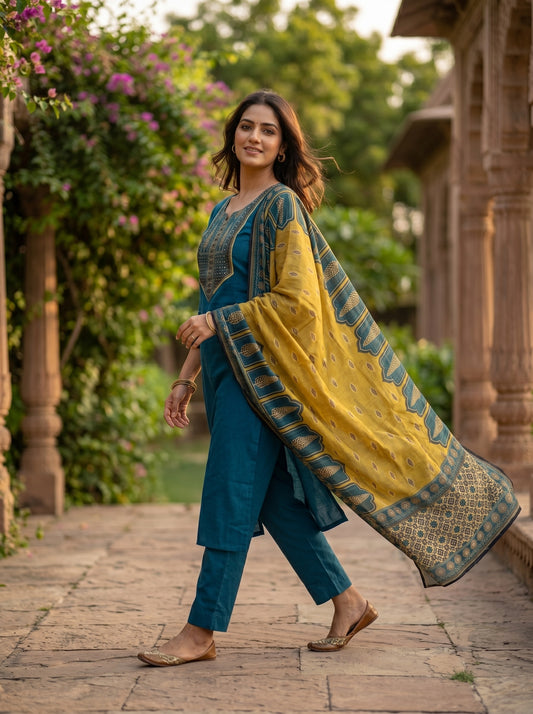 Amthi Teal Pure Linen Embroidered Suit Set | Sequin & Block Print Yoke