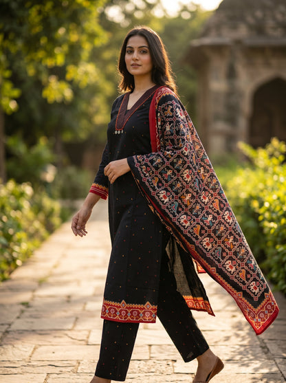 Amthi Women's Black Patola Print Pure Cotton Suit Set