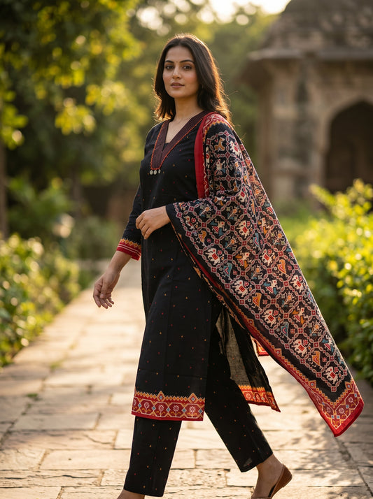 Amthi Women's Black Patola Print Pure Cotton Suit Set