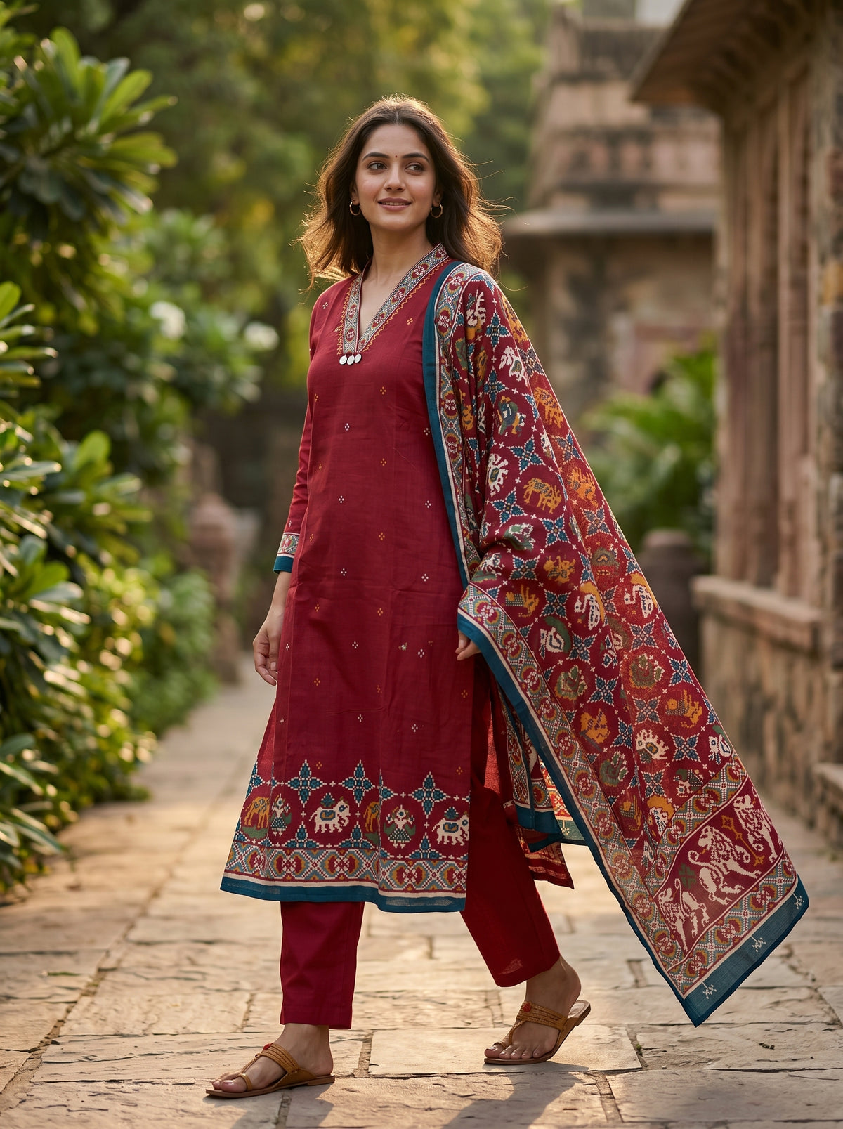 Amthi Red Pure Cotton Patola Print Kurta Set for Women | Festive & Casual Wear
