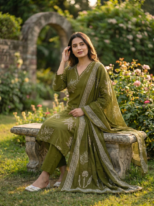 Amthi Women's Olive Green  Botanical Printed Pure Cotton Straight Kurta with Trousers Set