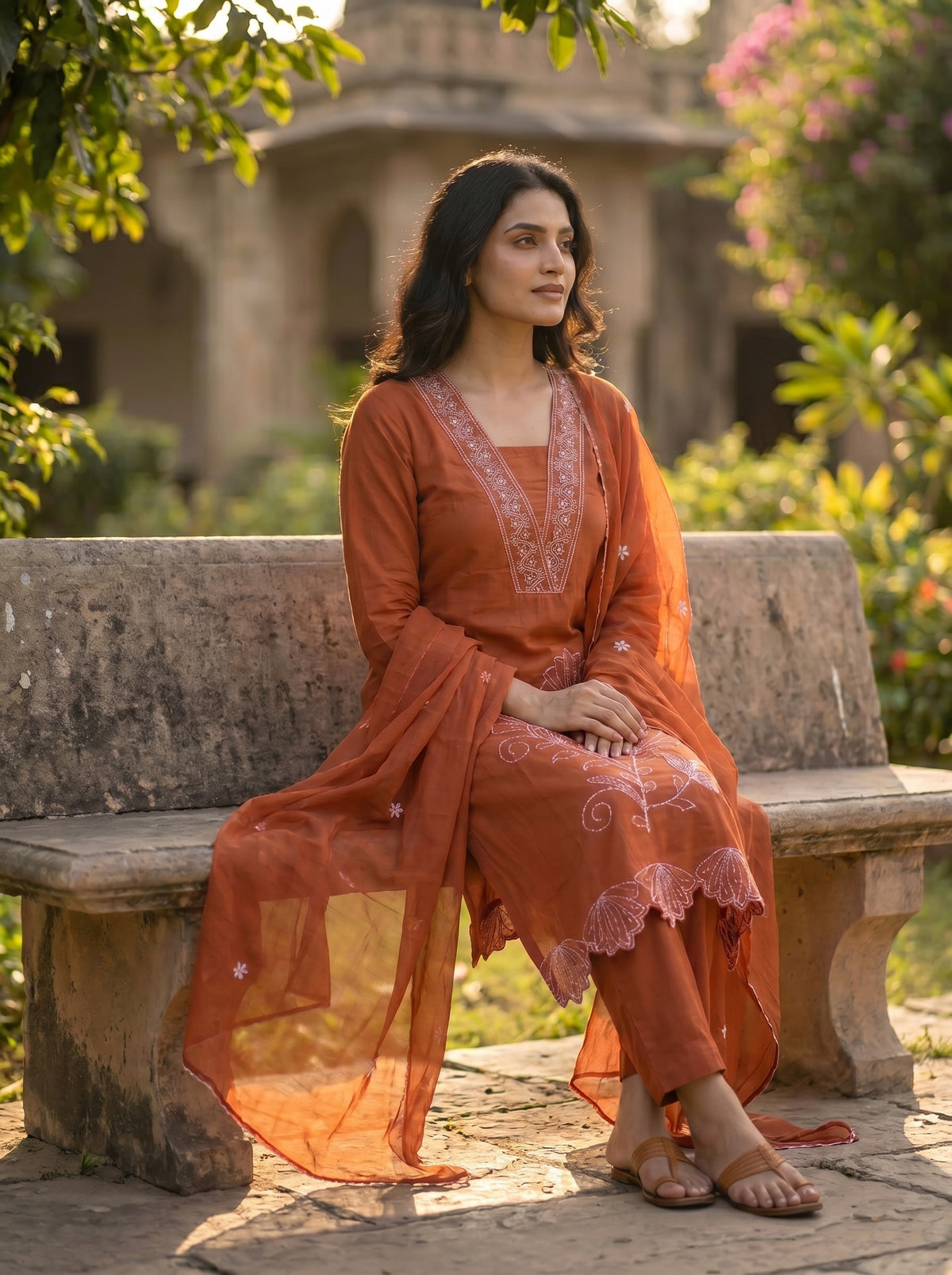 Amthi Women Rust Floral Embroidered Pure Cotton Kurta with Trousers & Dupatta