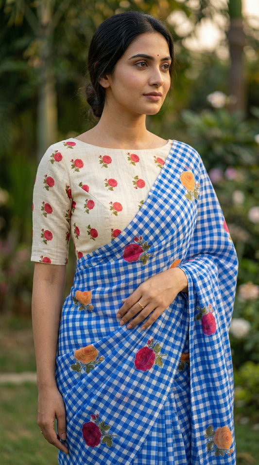 Amthi Blue Digital Print Linen Cotton Saree with Contrast Blouse Piece